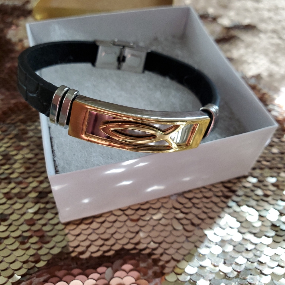 Unisex Stainless-Steel Leather Bracelet Christian